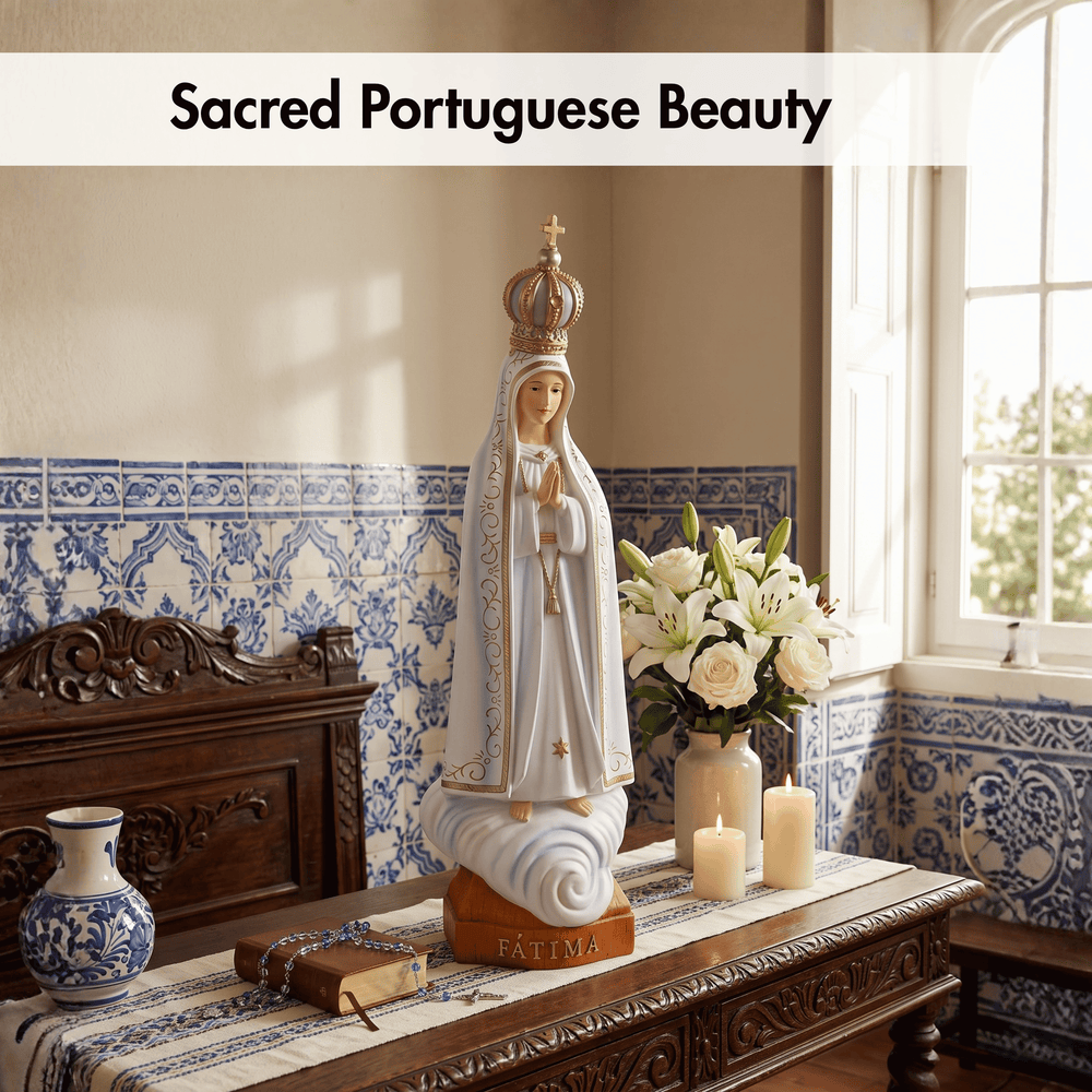 A white and gold statue of the Virgin Mary with a crown stands on a wooden table in a decorated room with blue-and-white tile walls, candles, flowers, and a book. Text at the top reads 'Sacred Portuguese Beauty'.
