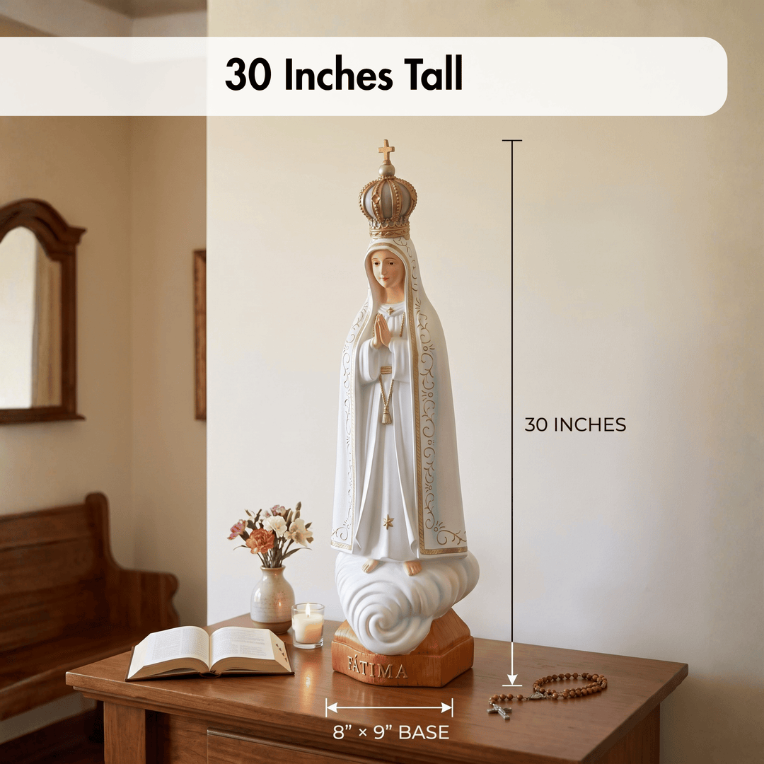 White Our Lady of Fatima statue shown on a wooden table in a home interior, with overlaid dimension labels reading 30 inches tall and 8 x 9 inch base, plus a text banner stating 30 inches tall.