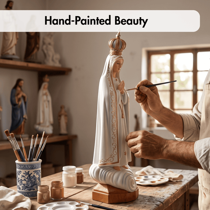 A hand-painted religious statue of the Virgin Mary being painted by an artist in a workshop. The white statue features gold detailing and a crown, set on a wooden base on a worktable surrounded by paintbrushes, jars, and a palette.