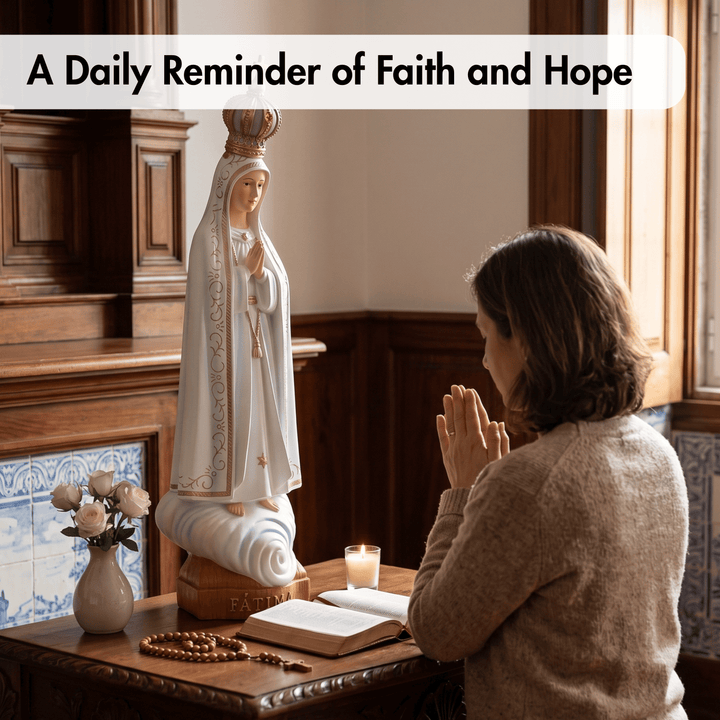 A woman in a beige sweater prays with her hands together beside a wooden table displaying a white Virgin Mary statue, an open book, a candle, and a rosary. The scene is set in a warm, wood-paneled room with a text overlay at the top reading &