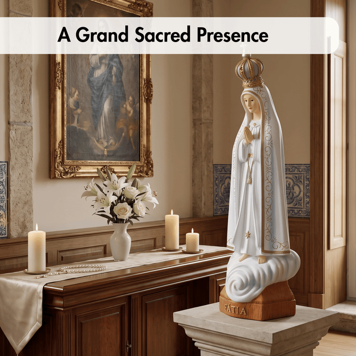 A white and gold statue of the Virgin Mary stands on a stone pedestal in a decorated chapel or altar setting, with candles, flowers, a painting, and the text &