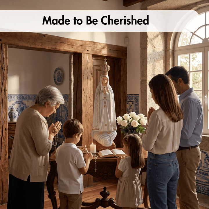 A family of five prays together in a rustic, warm-toned chapel or home interior, with a Virgin Mary statue on a wooden altar behind them. A white banner at the top reads &