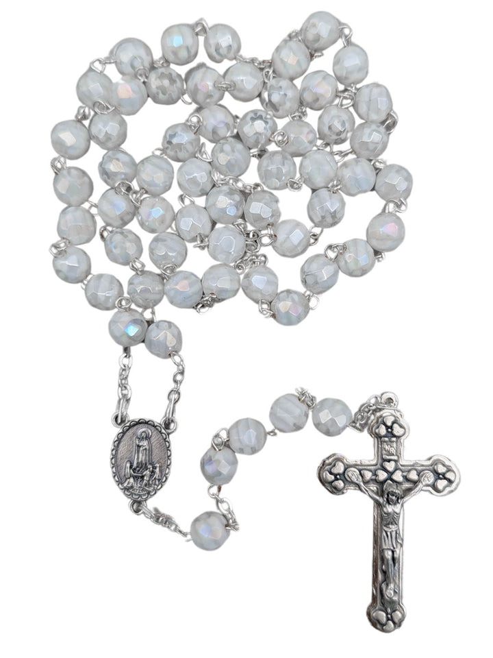 Handmade Our Lady of Fatima Rosary with White Murano Crystal Beads