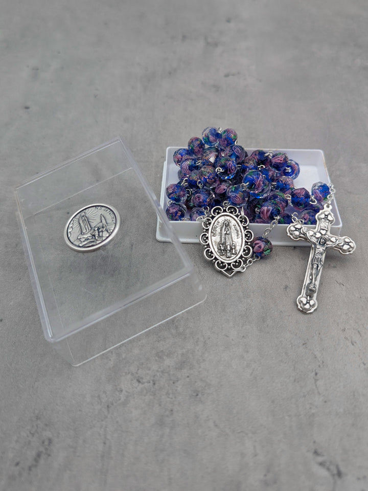 Handmade Our Lady of Fatima Rosary with Murano Glass Beads - Blue