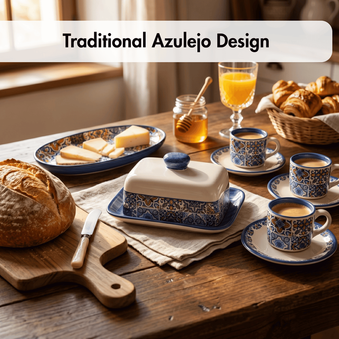 Breakfast scene with traditional Azulejo design on tableware, including bread, butter, and coffee.