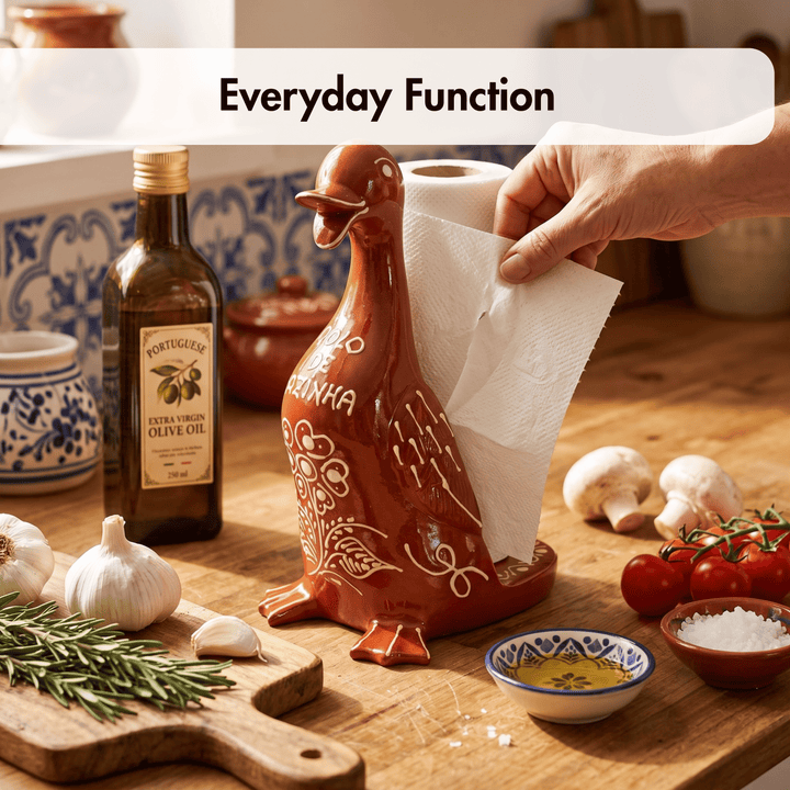A ceramic duck-shaped tissue holder sits on a wooden kitchen counter, with a hand pulling a paper tissue from the top. Surrounding props include a bottle of olive oil, garlic, mushrooms, tomatoes, rosemary, and small bowls, with a text banner reading &