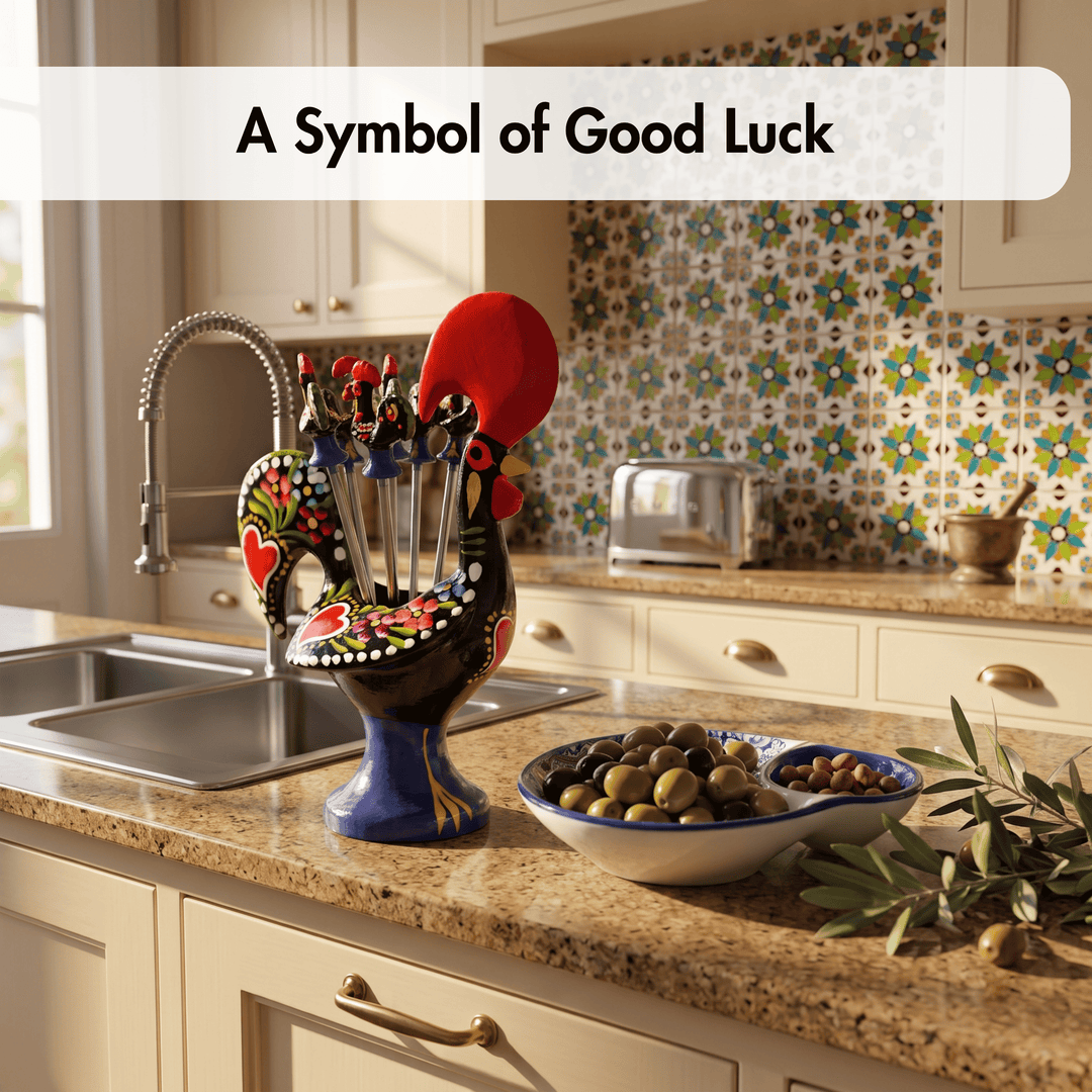 A decorative kitchen utensil holder shaped like a rooster sits on a granite kitchen countertop. The holder contains colorful kitchen tools and is styled in a warm, traditional kitchen with a patterned tile backsplash, a bowl of olives, and a silver toaster in the background.