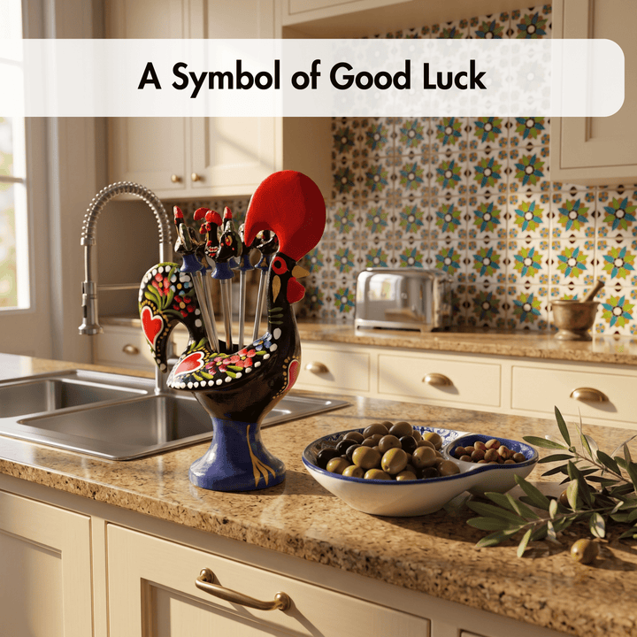 A decorative kitchen utensil holder shaped like a rooster sits on a granite kitchen countertop. The holder contains colorful kitchen tools and is styled in a warm, traditional kitchen with a patterned tile backsplash, a bowl of olives, and a silver toaster in the background.