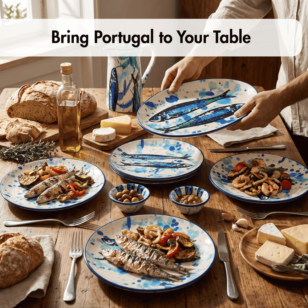 A styled dining table set with multiple ceramic plates and bowls featuring a blue and white fish pattern, shown with food such as grilled fish, bread, cheese, olives, and a pitcher. Two hands are visible holding a plate, and a text banner at the top reads 'Bring Portugal to Your Table'.