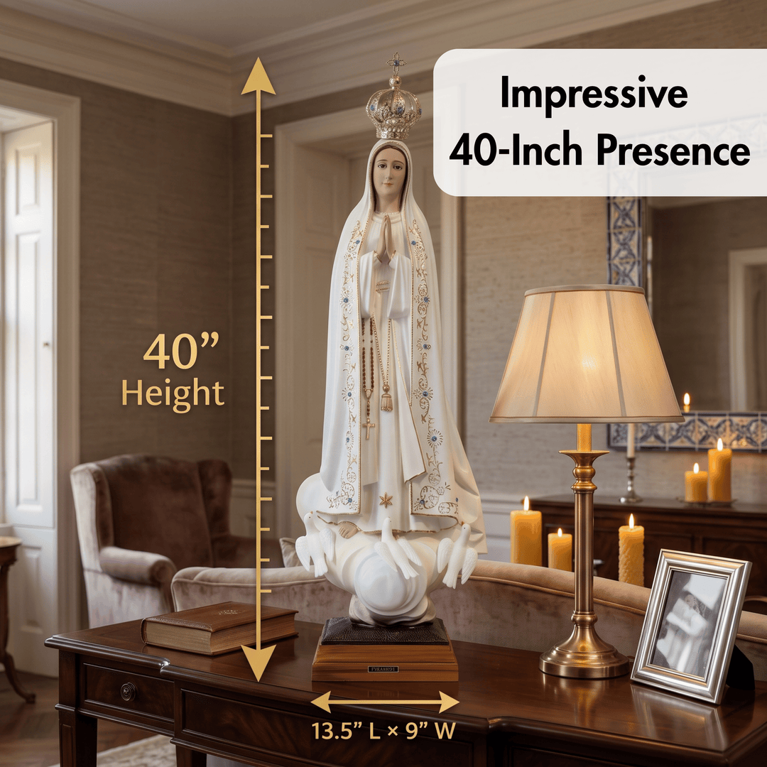 A white religious statue of the Virgin Mary on a wooden base, shown in a furnished room with overlaid dimensions indicating 40-inch height and 13.5 by 9 inches width, plus text reading &