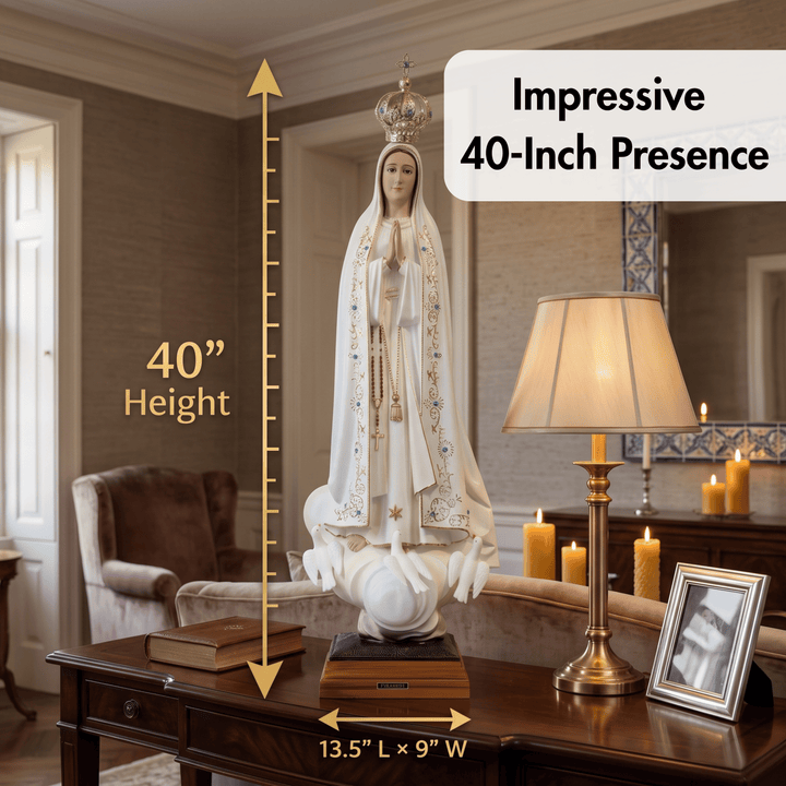 A white religious statue of the Virgin Mary on a wooden base, shown in a furnished room with overlaid dimensions indicating 40-inch height and 13.5 by 9 inches width, plus text reading &