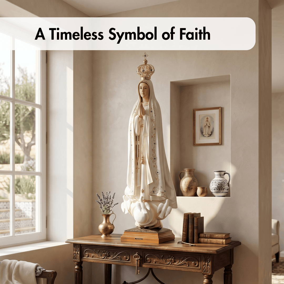 A religious statue of the Virgin Mary with a gold crown, displayed on a wooden console table in a warm, sunlit room. The text overlay at the top reads &