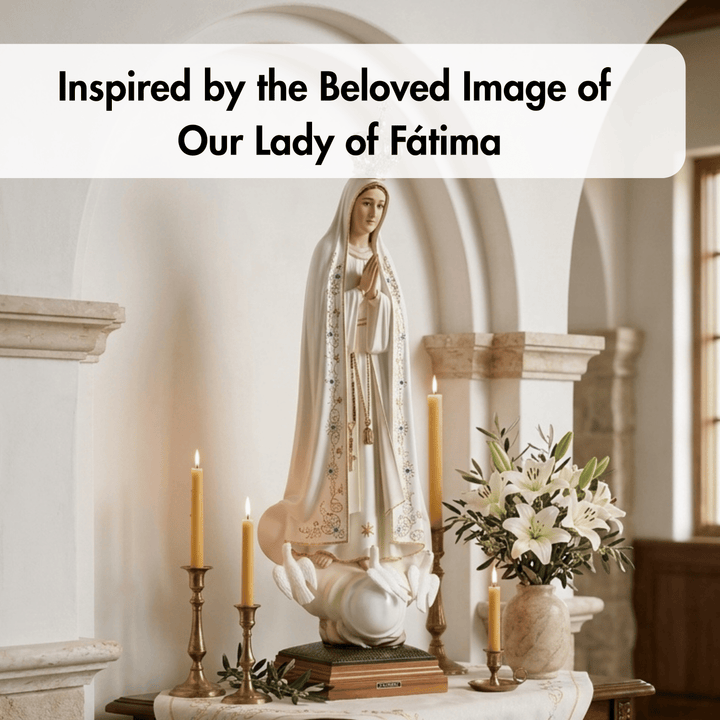 A religious statue of Our Lady of Fátima displayed in a chapel setting, flanked by lit candles and a bouquet of white lilies. A text banner at the top reads, &