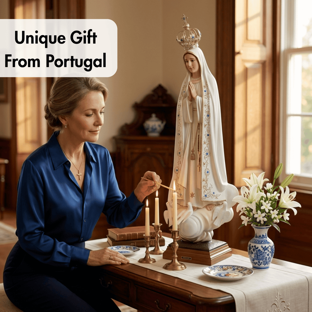 A woman in a blue satin shirt lights candles on a wooden table next to a white Virgin Mary statue, with a vase of white lilies and a text overlay reading &