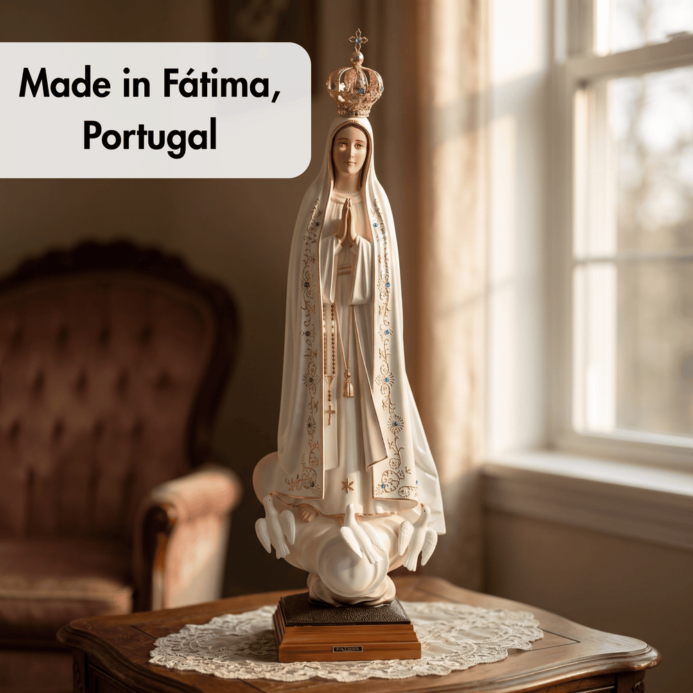 A religious statue of the Virgin Mary with a crown, draped in white and gold robes, displayed on a wooden table in a softly lit room. A text overlay reads 'Made in Fátima, Portugal'.