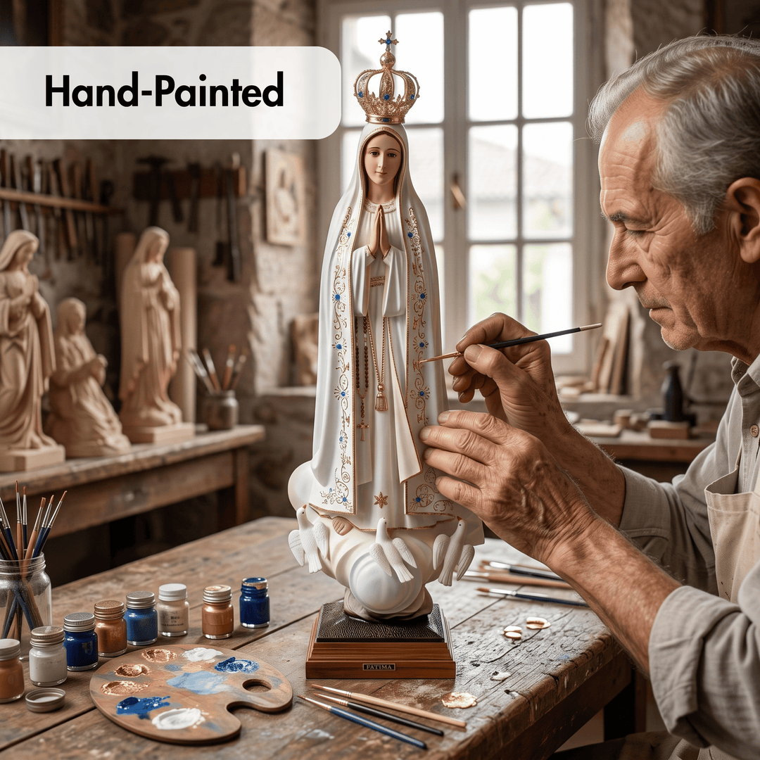 An elderly artisan paints a hand-painted statue of the Virgin Mary in a rustic workshop. The text &