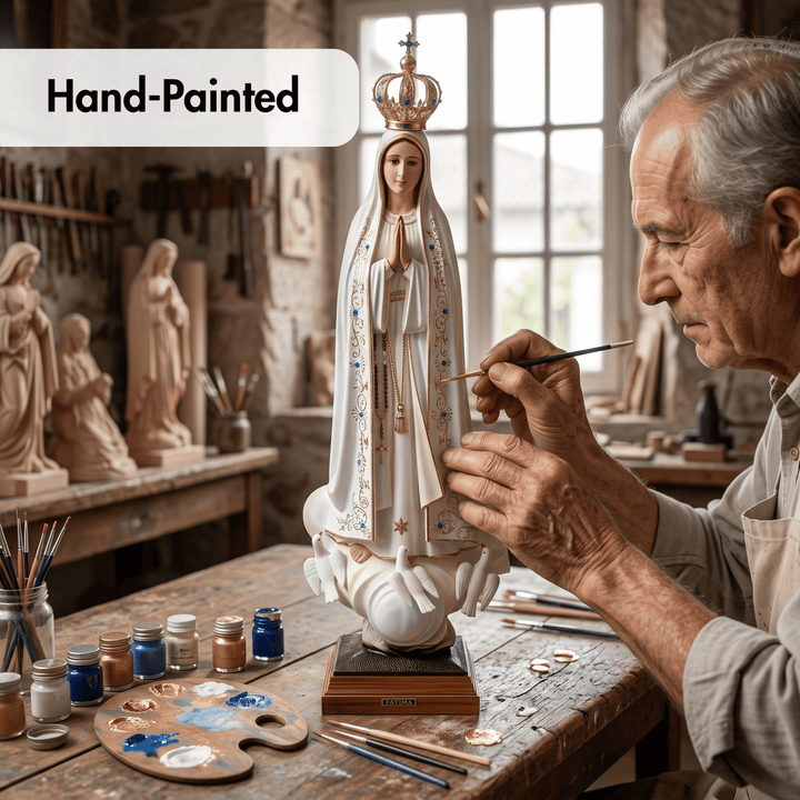 An elderly artisan paints a hand-painted statue of the Virgin Mary in a rustic workshop. The text &