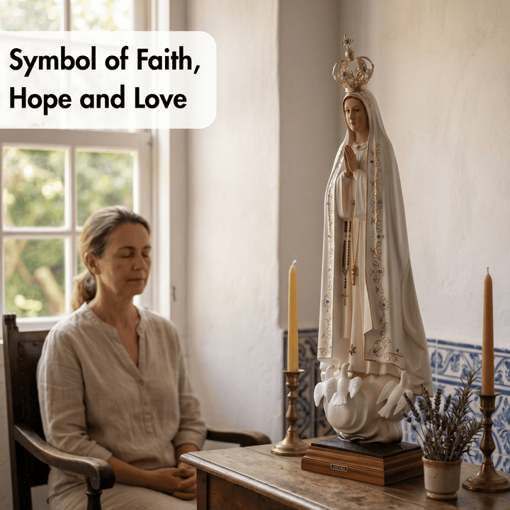 A woman sits in a wooden chair beside a religious statue of the Virgin Mary in a home interior. The text overlay reads &