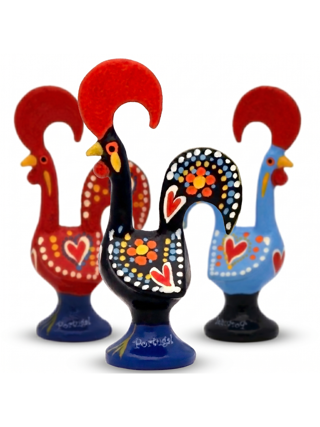 Three colorful aluminum rooster figurines on a white background