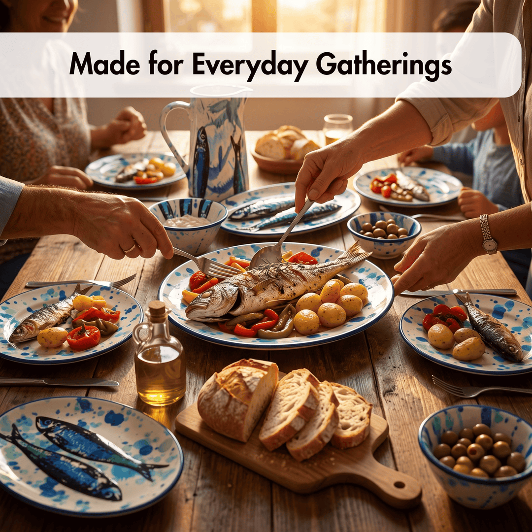 A dining table set for a family gathering with plates of fish, bread, potatoes, olives, and a pitcher, overlaid with the text &