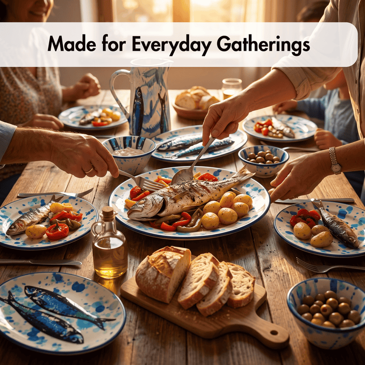 A dining table set for a family gathering with plates of fish, bread, potatoes, olives, and a pitcher, overlaid with the text &