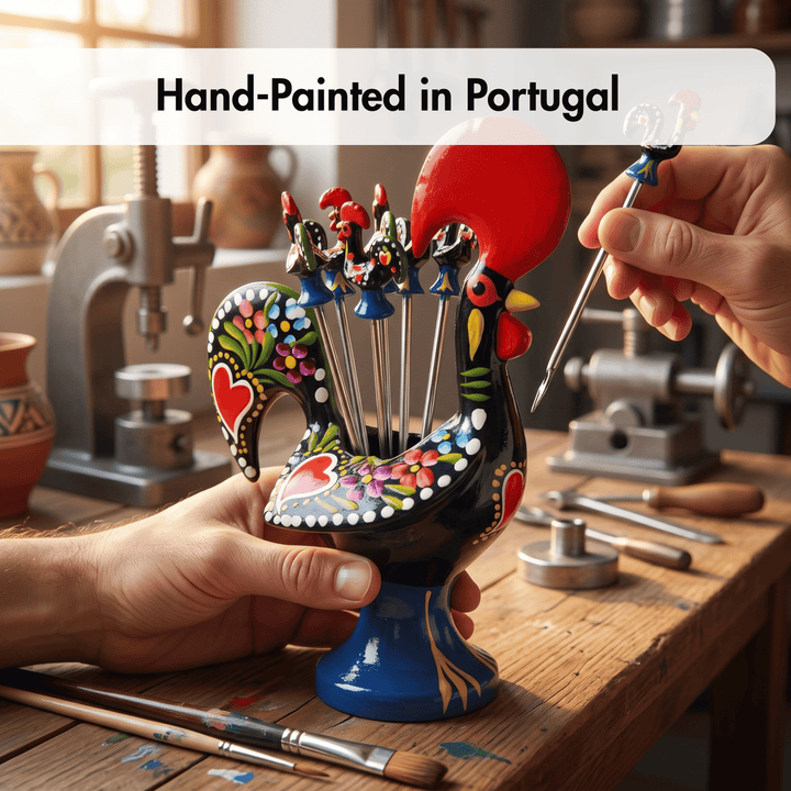 A hand-painted rooster-shaped tool holder filled with colorful hand tools, held by two hands in a workshop setting. A text overlay at the top reads &
