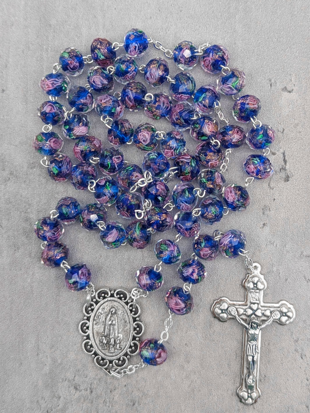 Handmade Our Lady of Fatima Rosary with Murano Glass Beads - Blue