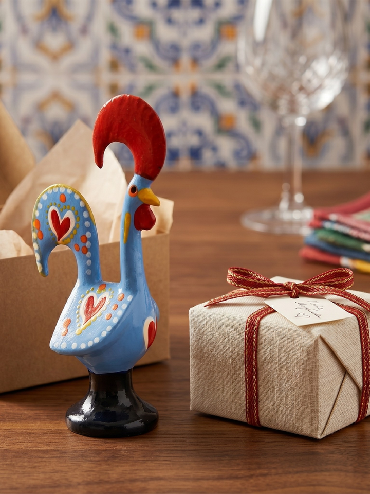 Decorative rooster figurine next to a gift box with a bow on a wooden table.