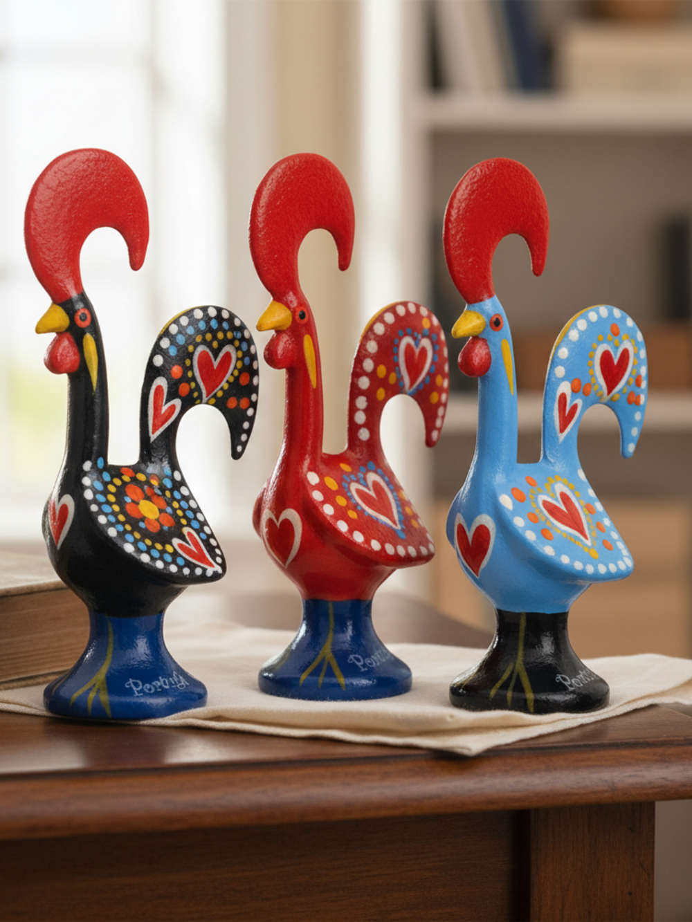 Set of colorful rooster figurines on a wooden surface with a blurred background.