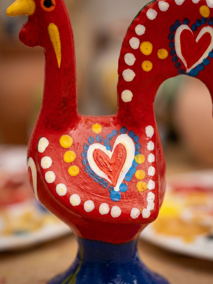 Decorative red rooster with heart design on a blurred background