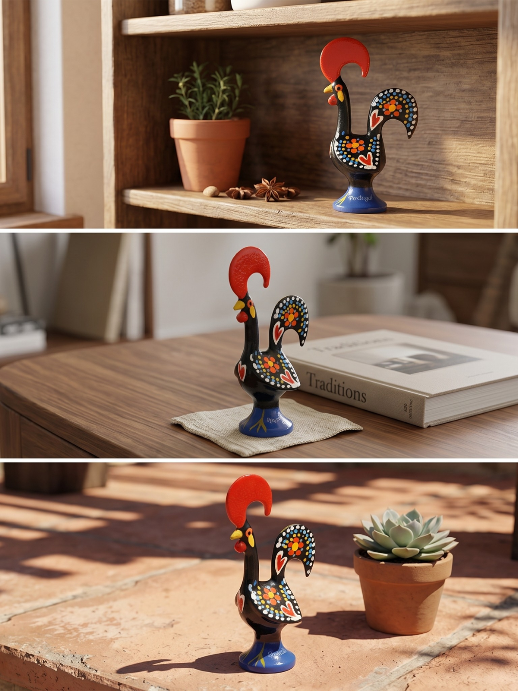 Decorative rooster figurine on a wooden shelf with a plant and book in the background.