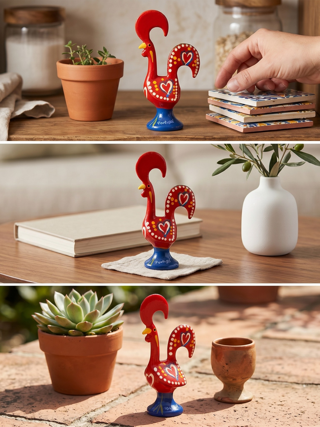 Decorative rooster figurine on a wooden surface with a hand placing cards, surrounded by plants and books.