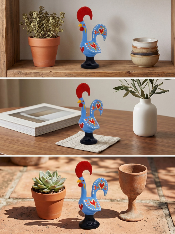 Decorative rooster figurine on a wooden shelf with plants and a vase.