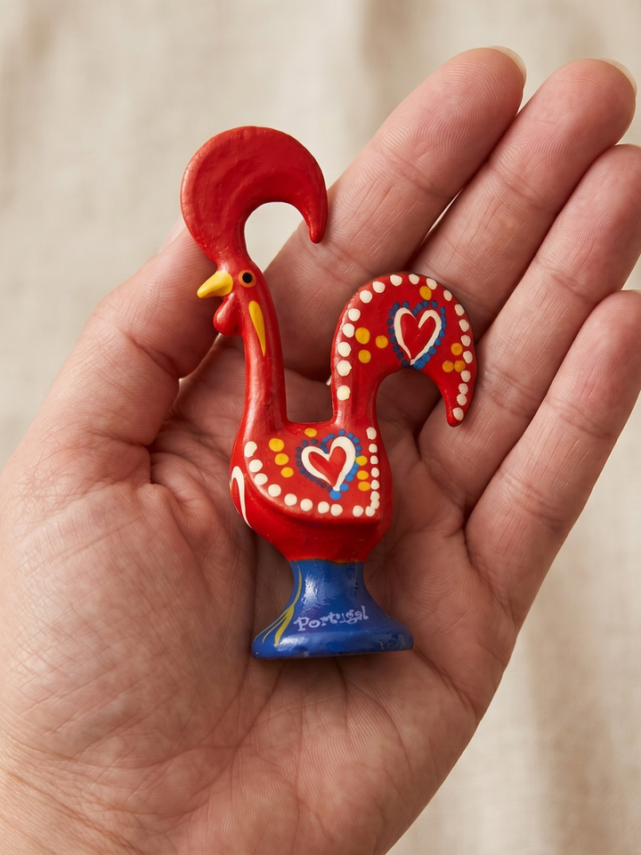 Red and blue rooster-shaped object with heart designs held in a hand against a beige background