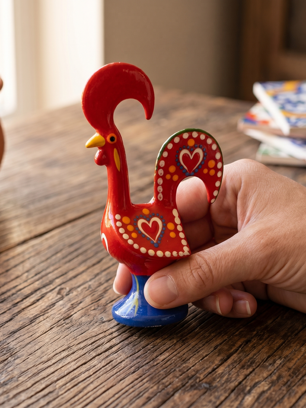 Hand holding a red rooster figurine with heart designs on a wooden surface
