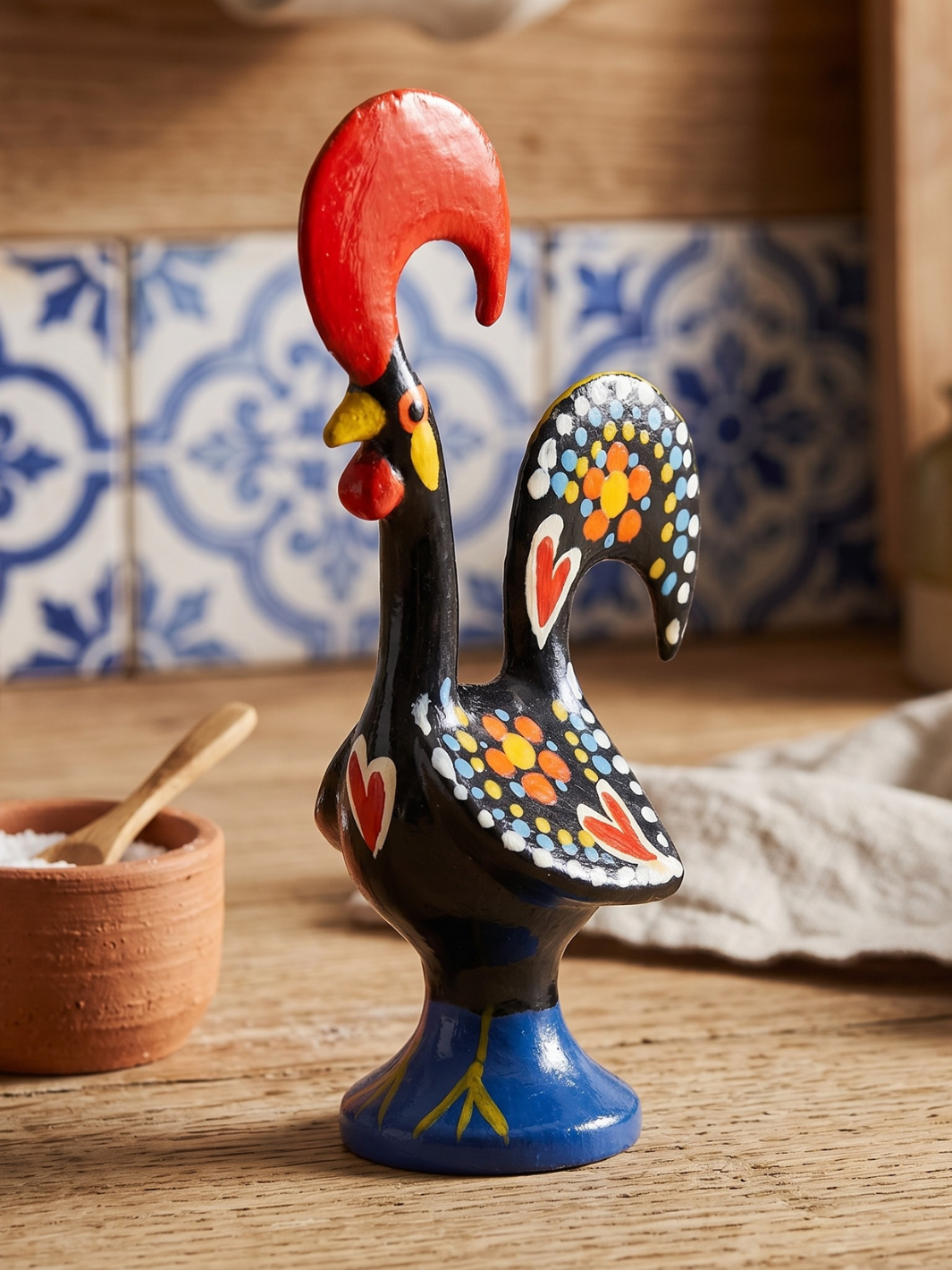 Decorative rooster figurine with colorful patterns on a wooden surface.