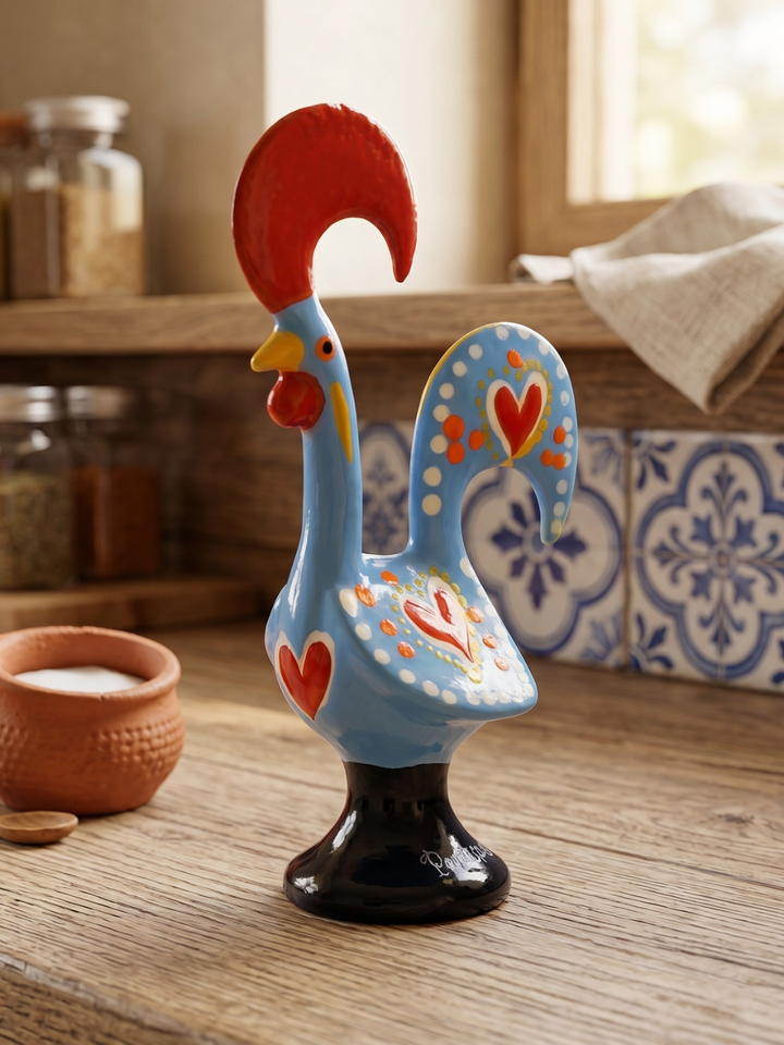 Decorative rooster figurine on a wooden surface with a kitchen background.