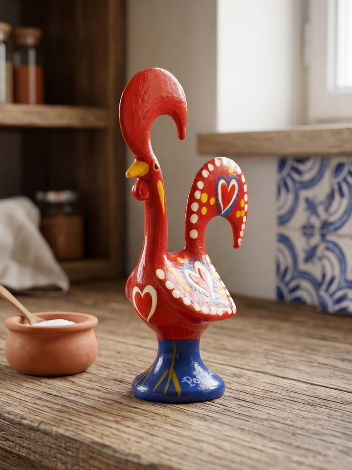 Decorative red rooster figurine on a wooden surface with a kitchen background
