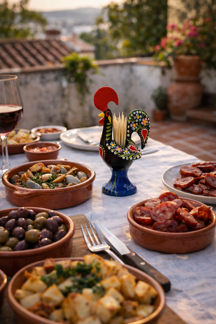 Outdoor dining table set with Portuguese tapas and a decorative rooster toothpick holder.