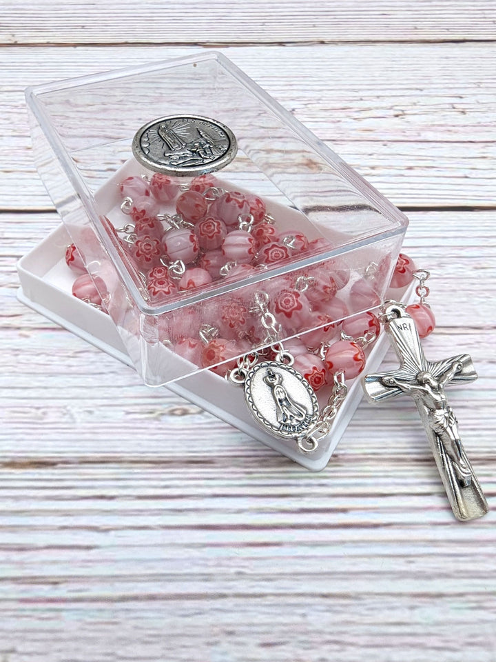 Handmade Our Lady of Fatima Rosary with Murano Crystal Beads Pink