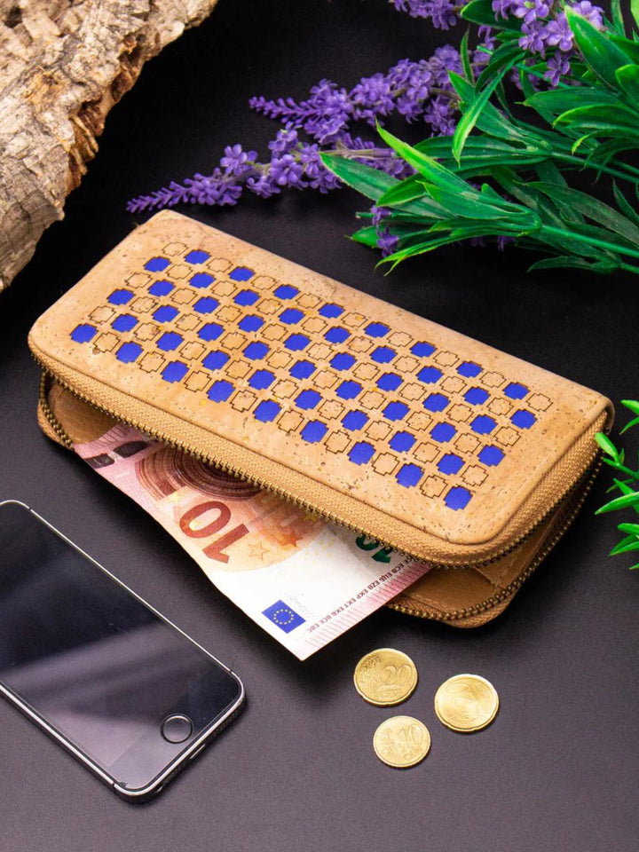 Laser-Cut Blue Natural Portuguese Cork Wallet for Women