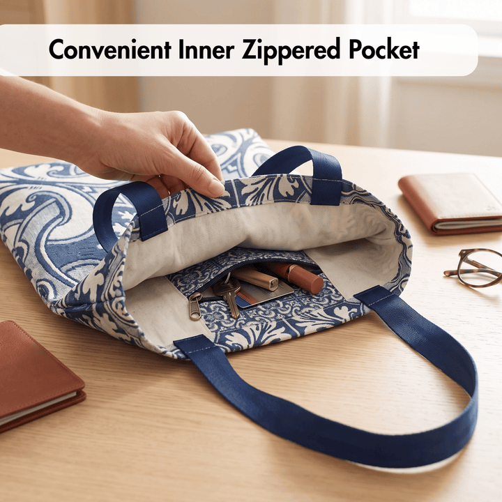 A blue and white patterned tote bag is shown open on a wooden table, with a hand lifting the top to reveal an inner zippered pocket containing keys and a pen. Text at the top reads &