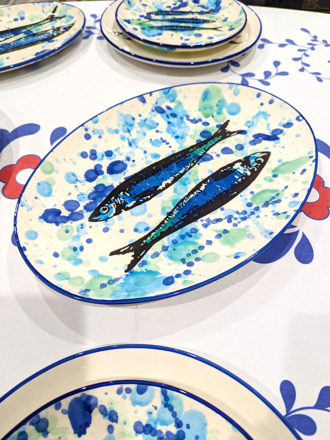 Splash Sardines Portuguese Pottery Ceramic Oval Platter - Set of 2