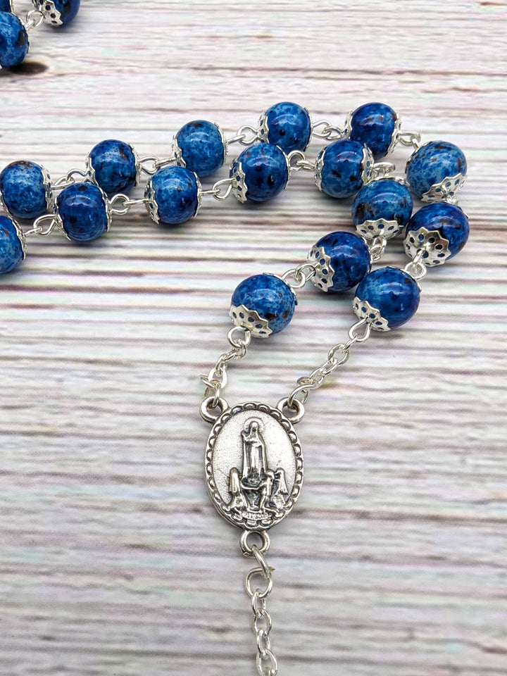 Handmade 8mm Blue Stained Glass Beads Our Lady of Fatima Rosary