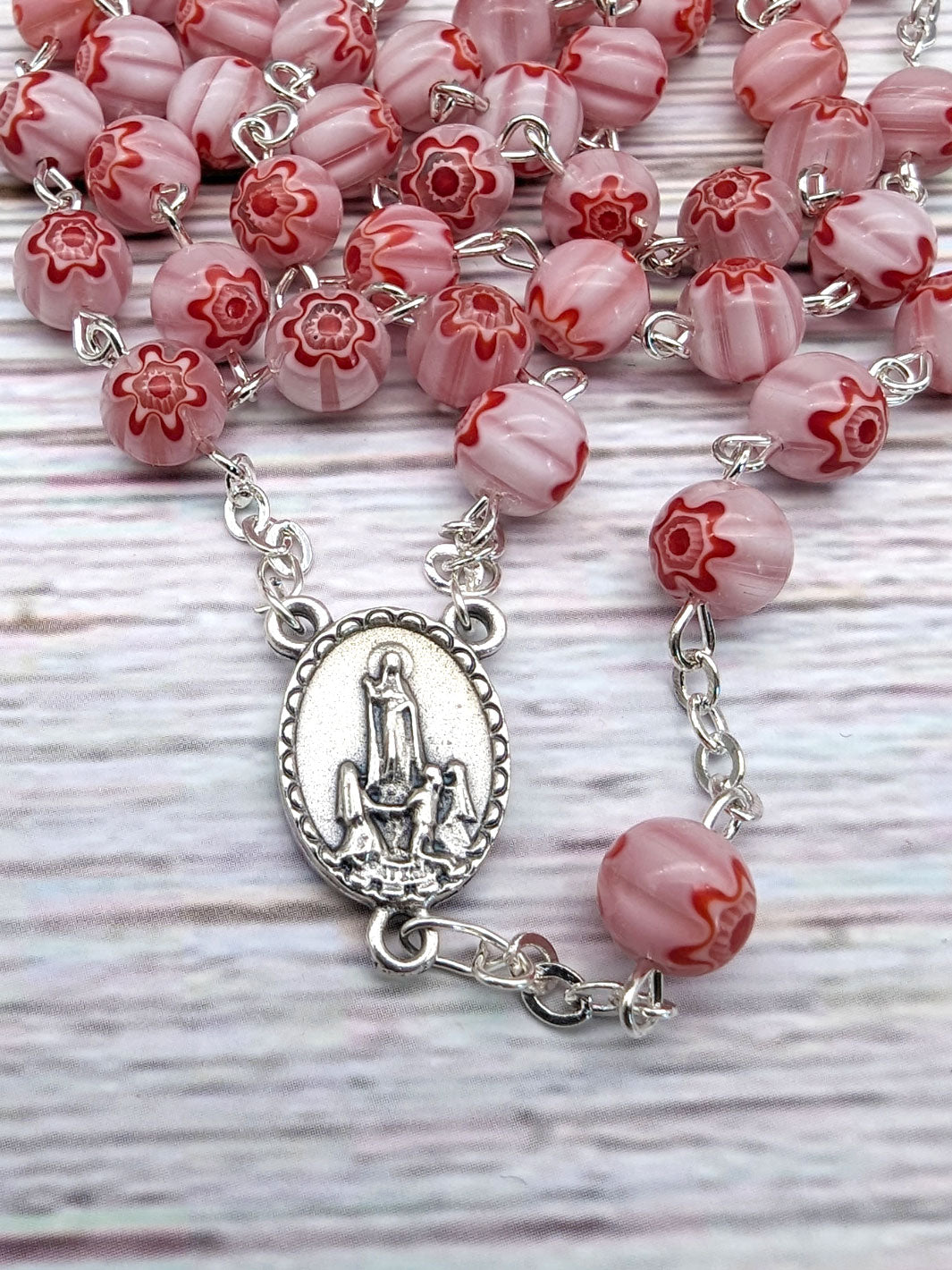 Handmade Our Lady of Fatima Rosary with Murano Crystal Beads Pink