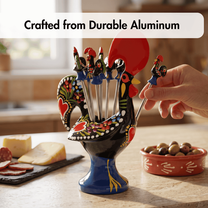 A decorative rooster-shaped aluminum cheese knife holder with colorful hand-painted folk art details, shown on a kitchen counter with a hand holding one of the cheese knives. Text at the top reads &