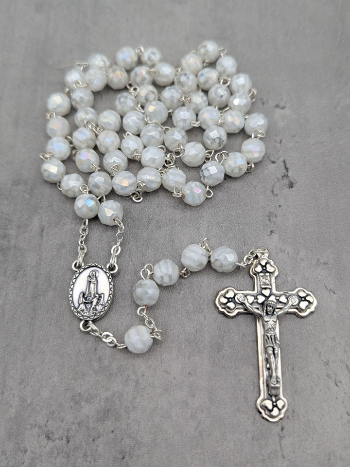 Handmade Our Lady of Fatima Rosary with White Murano Crystal Beads