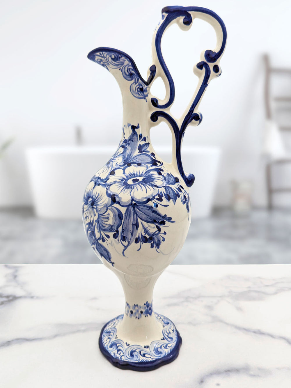 Portuguese Pottery Hand Painted Alcobaça Ceramic Blue & White Pitcher - Gomil