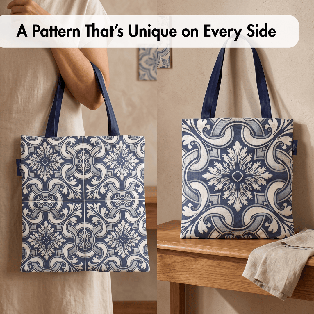 A tote bag with a blue and white ornate tile pattern is shown in two views: one being held by a person in a cream dress, and one standing on a wooden table. A text overlay at the top reads &