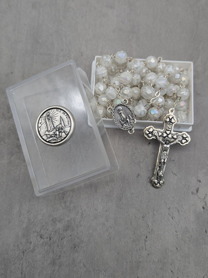 Handmade Our Lady of Fatima Rosary with White Murano Crystal Beads